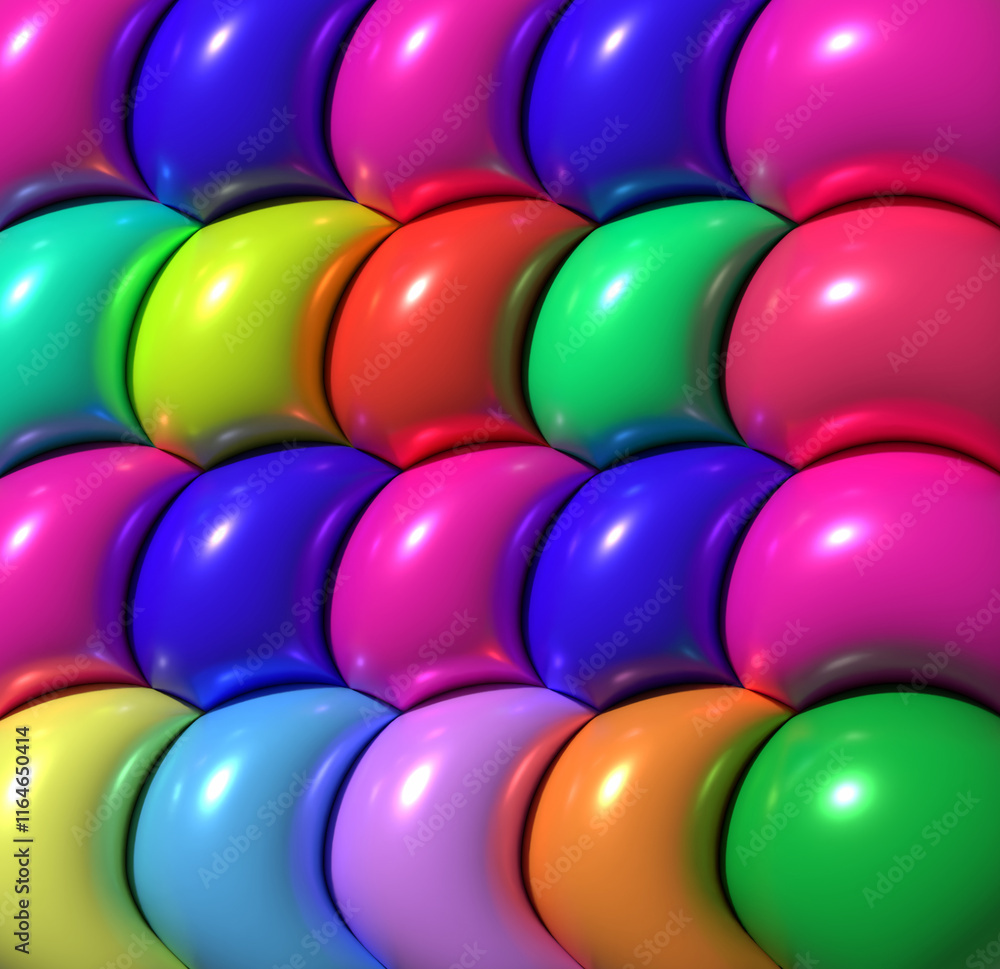 Poster multicolored round shapes with shiny smooth surface, 3d rendering illustration