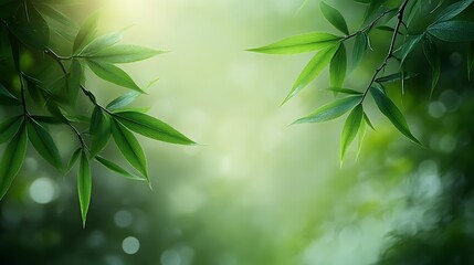 Obraz premium Lush Green Leaves Frame Soft Bokeh Background