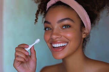 Obraz premium Teeth whitening: Smiling person using a teeth whitening kit to make white their smile