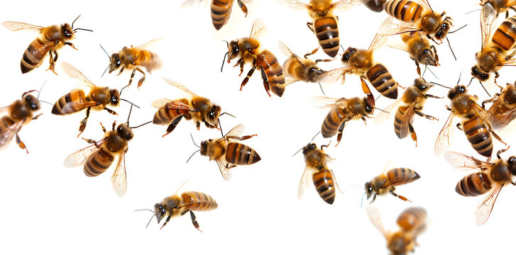 A swarm of bees flying in unison, captured in motion against a white background