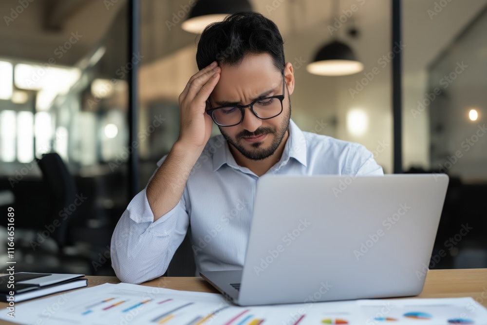 Poster a man is sitting at a desk with a laptop and a stack of papers. he is looking at the laptop with a w