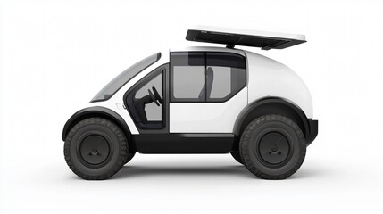 Modern Electric Car with Open Door and Roof Rack on White Background