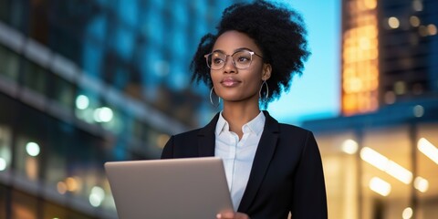 Fototapeta premium A woman wearing a suit and glasses is holding a laptop. She is looking up at the sky