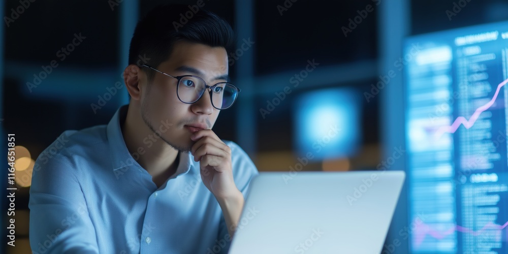 Aufkleber a man is looking at a computer screen with a laptop in front of him. he is wearing glasses and he is