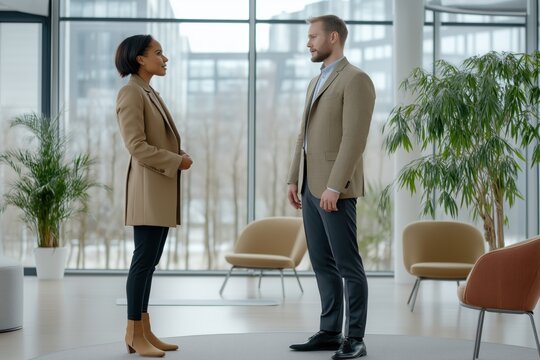 Two people in business attire stand in a room with a large window. The man is wearing a brown jacket and the woman is wearing a tan coat