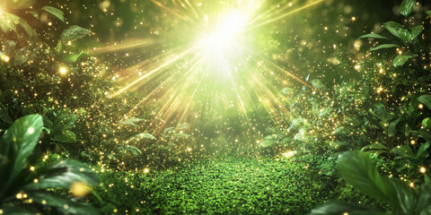 Magical forest with glowing light and lush greenery