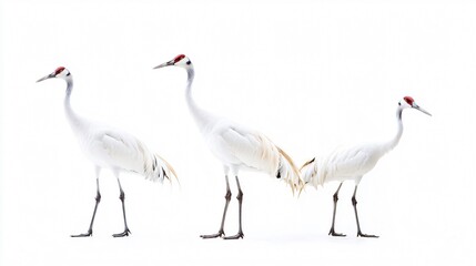 Naklejka premium Three White Cranes on a White Background: A Study in Grace and Purity