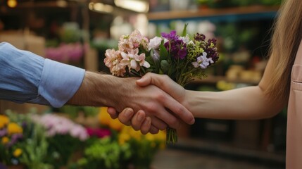 Creative, people and shaking hands with meeting success for florist partnership, supplier deal or hiring employee. Small business, handshake and welcome to flower shop with onboarding and thank you