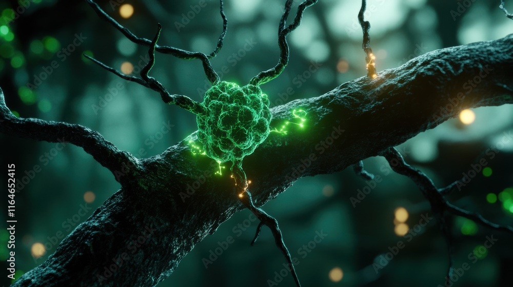 Aufkleber glowing green organic structure on a tree branch in a dark forest with abstract lighting.