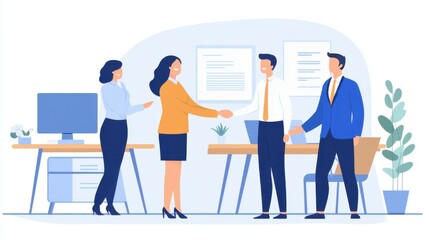 Happy business people, handshake or meeting with team for partnership, greeting or introduction at office. Young, employee or colleagues shaking hands for agreement deal or collaboration at workplace