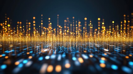 Abstract digital visualization with glowing gold and blue dots forming vertical light structures on a dark background.