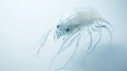 A 3D render of a transparent glass dust mite. Close-up detail of the anatomy of the insect pest, showcasing its delicate features and translucent body.