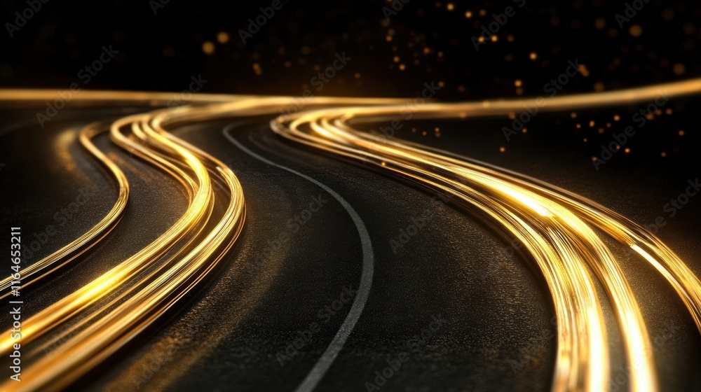 Poster golden light trails on a dark asphalt road with glowing particles. abstract dynamic background. moti