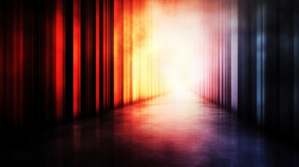 Abstract gradient hallway with vertical light beams in red, orange, and blue tones. Futuristic and surreal background.