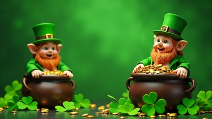 Whimsical leprechauns delight in golden treasures on a festive green background
