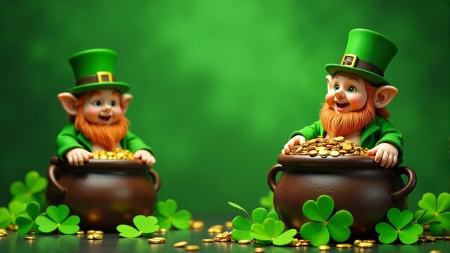 Whimsical leprechauns delight in golden treasures on a festive green background