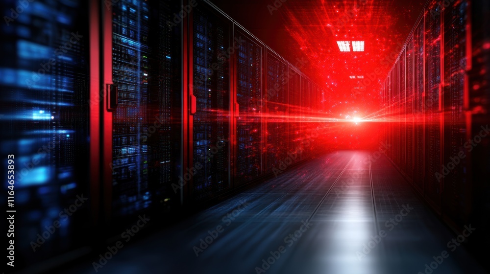 Poster red laser light in a dark data center with rows of server racks and glowing blue indicators.