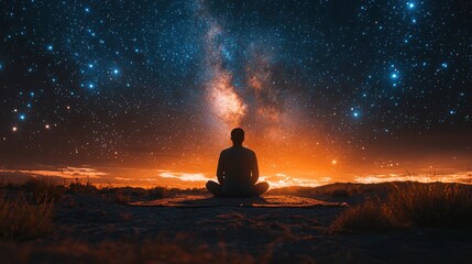 A serene scene of a person meditating against a backdrop of stars and a glowing horizon. The individual appears to be of Asian descent, creating a tranquil atmosphere.