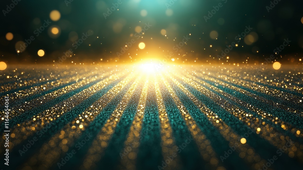 Poster abstract golden and teal glittering light rays with bokeh effect. studio digital art background