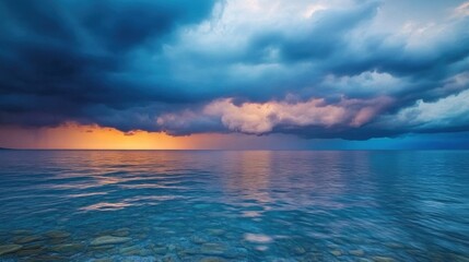 Obraz premium Colorful sunset over a calm ocean with dramatic clouds and reflections on the water.