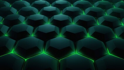 Background with dark matte hexagon shapes, symmetry pattern, illuminated by striking green backlight. Modern design, futuristic atmosphere. For banner, wallpaper, web
