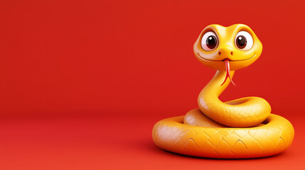 Fototapeta premium Cute cartoon yellow snake 3D rendering isolated on a red background