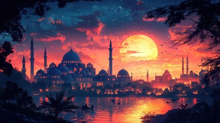 Fototapeta premium A beautiful sunset scene over a city with traditional Asian architecture. The sky is vibrant with pink and orange hues, reflecting on the water.