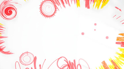 Colorful abstract drawings with colored pencils on a white background, in a childlike style, with a playful and energetic mood, copy space