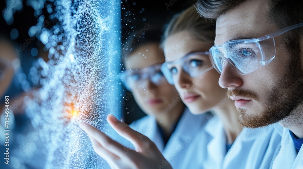 Poster scientists examining digital holographic projection in laboratory environment. close-up view of team