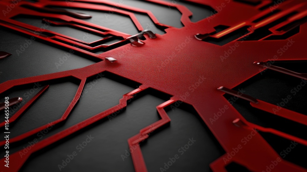 Poster close-up of red circuit board pattern with glossy details on black background. futuristic design con
