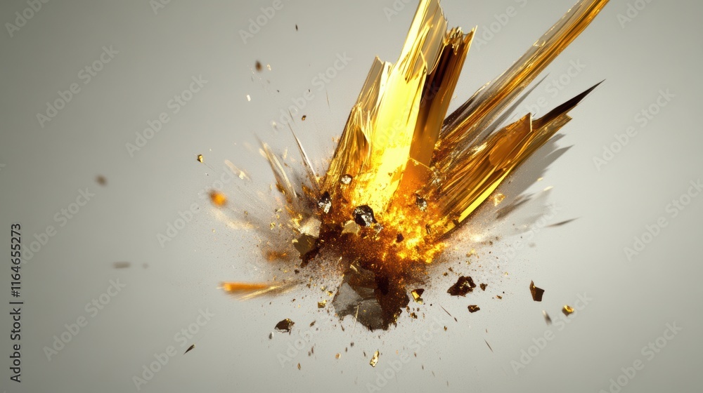 Poster abstract explosion of golden shards and particles on a neutral background. concept of energy and pow