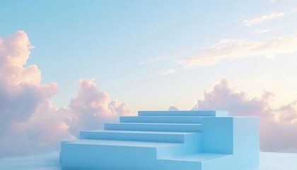 Fototapeta premium Serene Pastel Blue Steps in Dreamy Cloudy Sky Background Abstract Minimalist Product Display