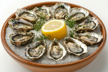 Delightful fresh oysters served on sea salt with zesty lemon slices