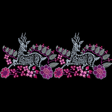 A beautiful embroidery daman border design with bouquet floral motifs leafs leaves and baroques ornaments for digital and textile print on fabric.