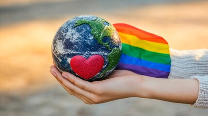 Hand holding small Earth globe model with red heart and LGBT rainbow flag in background, symbolizing global love, acceptance and pride movement support worldwide