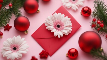 Festive Christmas composition with red envelope decorated with white gerbera daisy flower, surrounded by shiny baubles and pine branches on pink background.