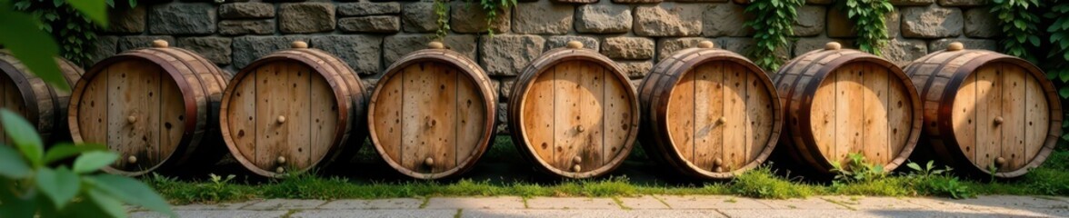 Aged wooden barrels lined up in rows along a stone wall, covered with moss and vines, under a warm sunbeam , vineyard, rustic decor, winemaking process