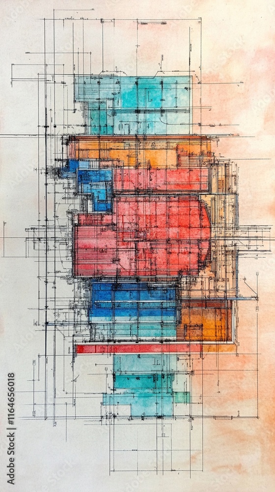 Poster abstract architectural sketch with vibrant watercolor blocks in turquoise, red, and orange, overlaid