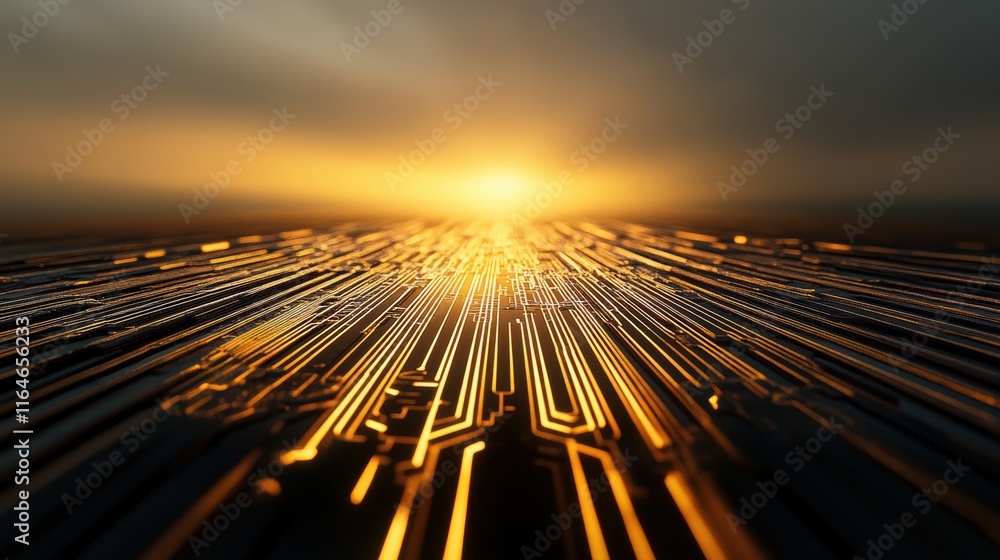 Poster close-up of a golden circuit board pattern with sunset in the background.