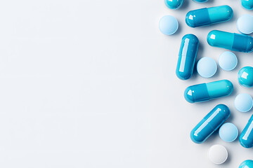 Medical blue capsules pile top view isolated on white