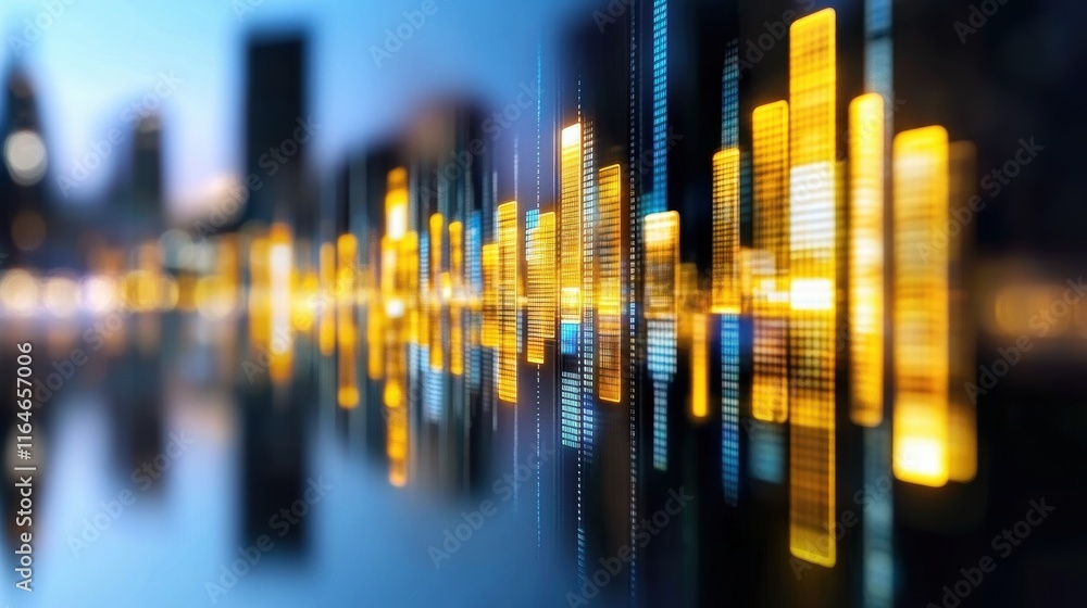 Aufkleber abstract cityscape with glowing vertical light columns reflecting on a dark surface. digital art in 
