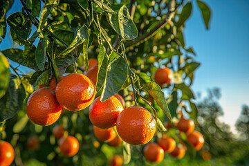 Clementines growing on a tree with green leaves on a Clementine farm on a sunny clear blue sky day.