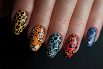 Women's fingers decorated with cat, panther, jaguar, leopard, tiger and lion motifs from little finger to big finger as nail polish