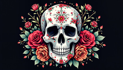 Decorative skull with floral pattern and roses on dark background