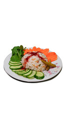 Cooked rice served with raw vegetables and spices vertical 9:16 with salad, white background high quality, turkish name is 