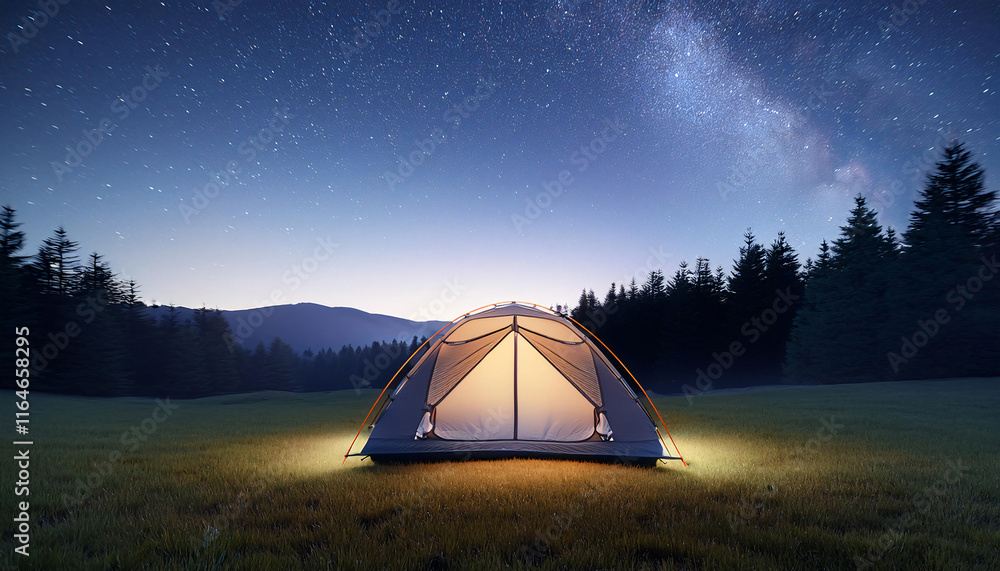 Wall mural camping tent at the bottom of the image in front of a green forest at dusk at the top of the image, 