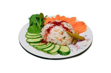 Cooked rice served with raw vegetables and spices horizantal 16:9 with salad, white background high quality, turkish name is 