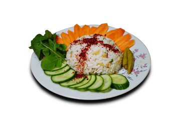 Cooked rice served with raw vegetables and spices horizantal 16:9 with salad, white background high quality, meal name is 