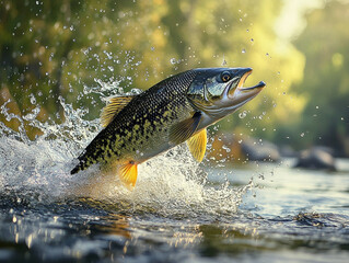 Obraz premium Trout leaps out of water in tranquil river setting