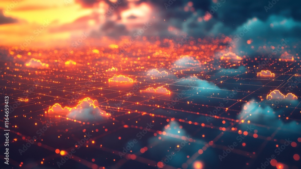 Poster abstract cloud storage visualization with light effects